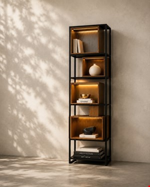 استندکتابخانه مینیمال فلزی طرح جاکتابی فلز و چوب (مدل شلف نوری مدرن)»