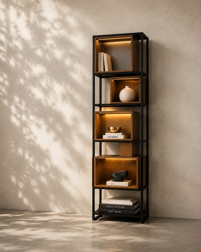 استندکتابخانه مینیمال فلزی طرح جاکتابی فلز و چوب (مدل شلف نوری مدرن)»